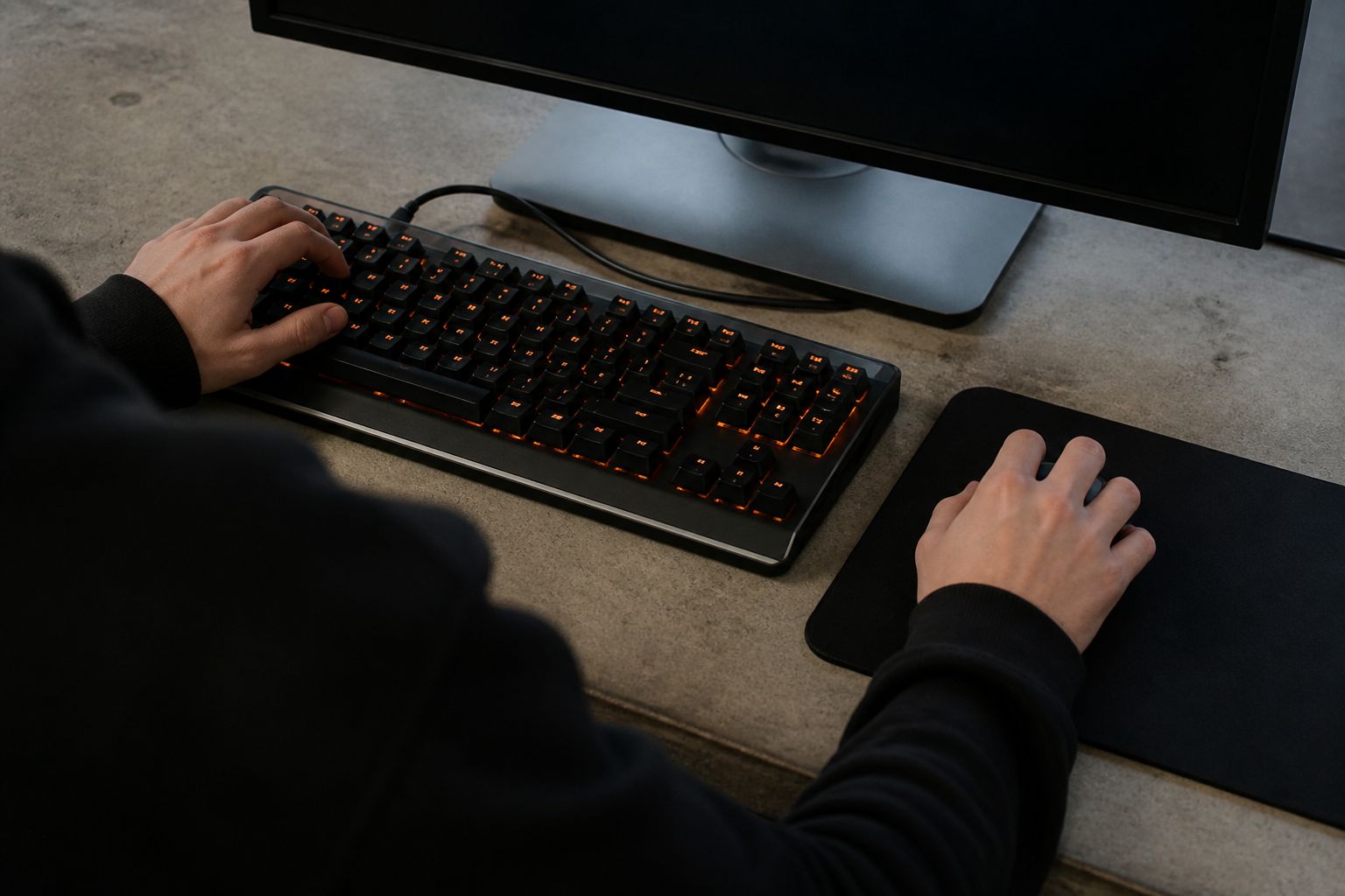 Hands resting on a backlit mechanical keyboard at a gaming station